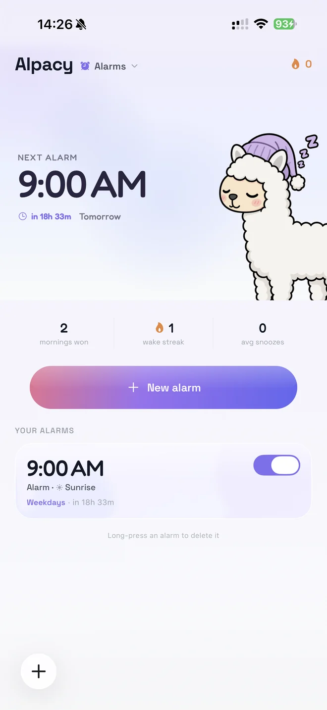 明日午前9:00の次のアラームと眠そうなアルパカが表示されたアラーム画面